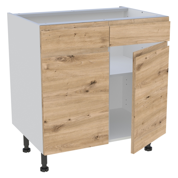 Meuble bas cuisine 2 portes, 2 faux tiroirs H. 87 cm x L. 80 cm - Chêne naturel sans poignée
