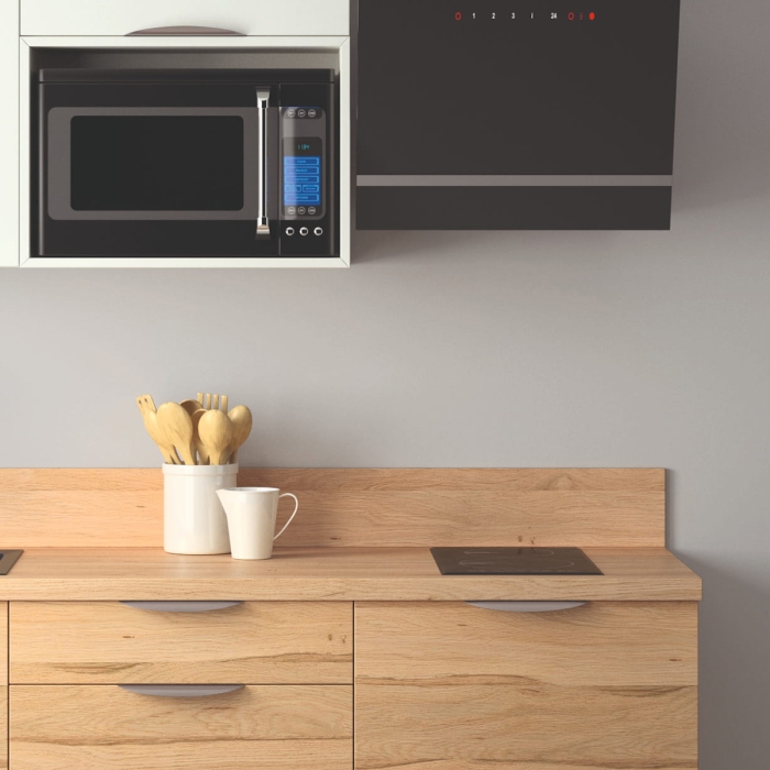 Cuisine complète Bois et Blanc mat 180 cm avec meuble micro-ondes - Avec Plan de travail et Crédence