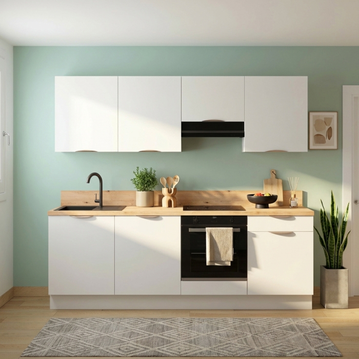 Cuisine complète Blanc mat 240 cm avec meuble hotte - Avec Plan de travail