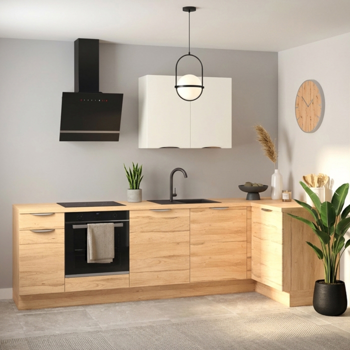 Cuisine complète en angle Bois et Blanc mat 280 cm 