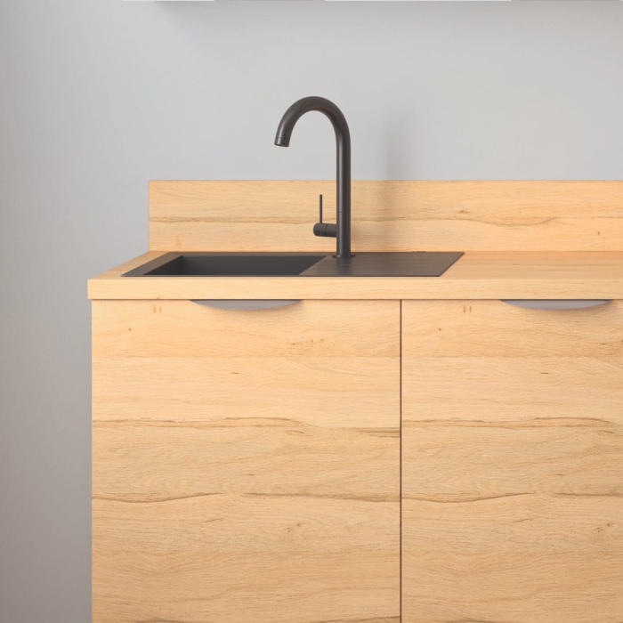 Cuisine complète Bois et Blanc mat 240 cm avec meuble hotte