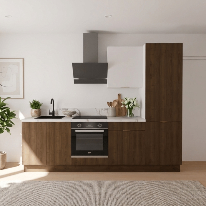 Cuisine complète Noyer et Blanc mat 260 cm avec meuble colonne - Avec Plan de travail et Crédence