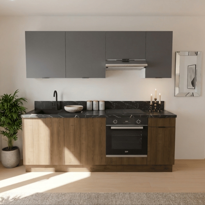 Cuisine complète Noyer et Gris mat 220 cm avec meuble hotte - Avec Plan de travail et Crédence