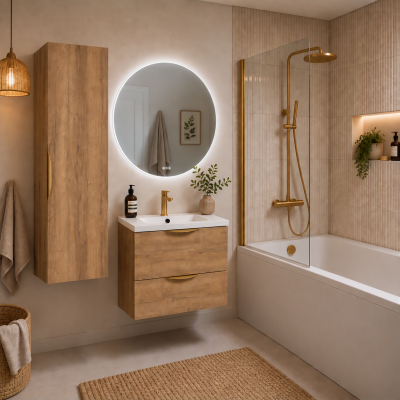 Meuble de salle de bain suspendu 60 cm 2 tiroirs avec vasque céramique - Chêne Structuré