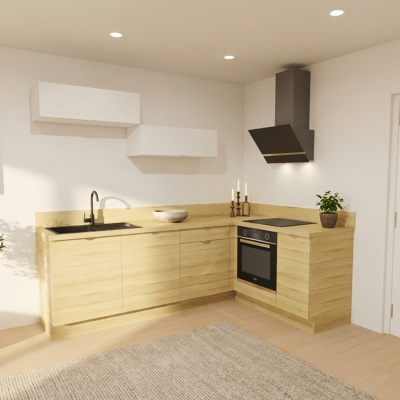 Cuisine complète en angle meubles hauts relevants Bois et Blanc mat 280 cm 