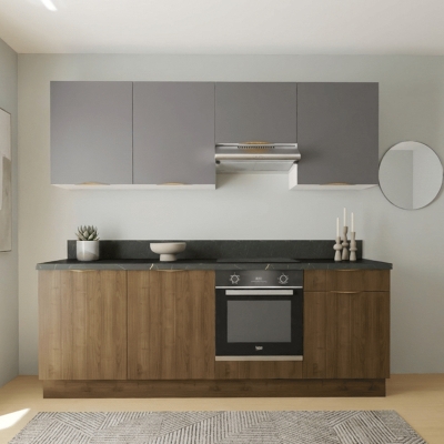 Cuisine complète Noyer et Gris mat 240 cm avec meuble hotte
