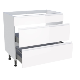 Meuble bas cuisson cuisine 1 faux tiroir, 2 casseroliers H. 87 cm x L. 90 cm - Blanc brillant sans poignée