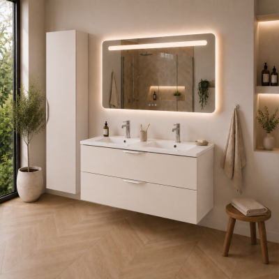 Meuble de salle de bain suspendu 120 cm 2 tiroirs avec vasque céramique - Lin Mat