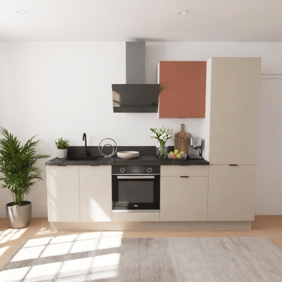 Cuisine complète Lin et Terracotta mat 260 cm avec meuble colonne