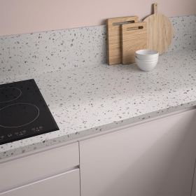 Crédence cuisine sur mesure stratifiée Terrazzo Blanc