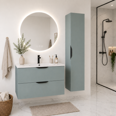 Meuble de salle de bain suspendu 90 cm 2 tiroirs avec vasque céramique - Vert Opale Mat