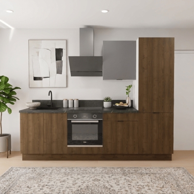 Cuisine complète Noyer et Gris mat 260 cm avec meuble colonne