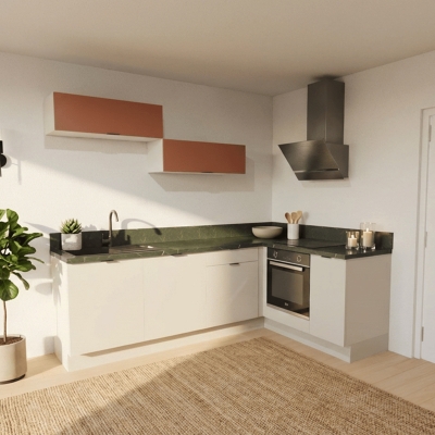 Cuisine complète en angle meubles hauts relevants Lin et Terracotta mat 280 cm