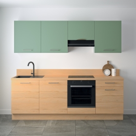 Cuisine complète Bois et Vert mat 240 cm avec meuble hotte