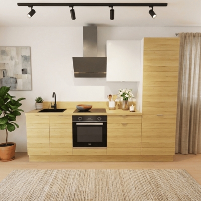Cuisine complète Bois et Blanc mat 260 cm avec meuble colonne