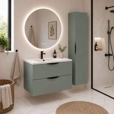 Meuble de salle de bain suspendu 80 cm 2 tiroirs avec vasque céramique - Vert Opale Mat