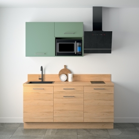Cuisine complète Bois et Vert mat 180 cm avec meuble micro-ondes