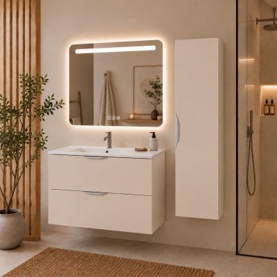 Meuble de salle de bain suspendu 100 cm 2 tiroirs avec vasque céramique - Lin Mat