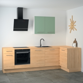 Cuisine complète en angle   Bois et Vert mat 280 cm