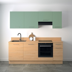 Cuisine complète Bois et Vert mat 220 cm avec meuble hotte