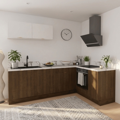 Cuisine complète en angle petits meubles hauts Noyer et Blanc mat 280 cm 
