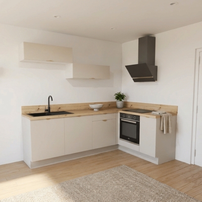 Cuisine complète en angle meubles hauts relevants Lin mat 280 cm