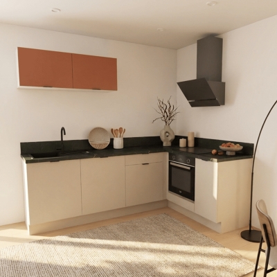 Cuisine complète en angle petits meubles hauts Lin et Terracotta mat 280 cm