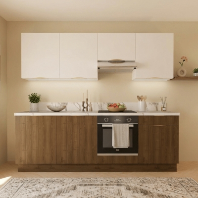 Cuisine complète Noyer et Blanc mat 240 cm avec meuble hotte