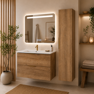 Meuble de salle de bain suspendu 100 cm 2 tiroirs avec vasque céramique - Chêne Structuré