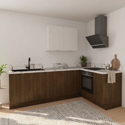 Cuisine complète en angle four à droite Noyer et Blanc mat 280 cm 