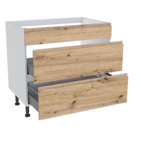 Meuble bas cuisson cuisine 1 faux tiroir, 2 casseroliers H. 87 cm x L. 90 cm - Chêne naturel sans poignée