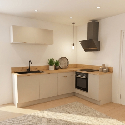 Cuisine complète en angle petits meubles hauts Lin mat 280 cm