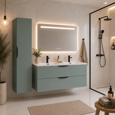 Meuble de salle de bain suspendu 120 cm 2 tiroirs avec vasque céramique - Vert Opale Mat