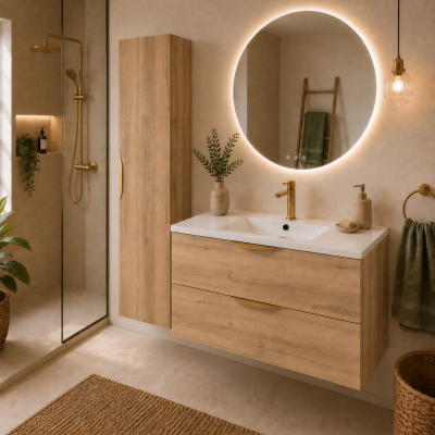 Meuble de salle de bain suspendu 90 cm 2 tiroirs avec vasque céramique - Chêne Structuré