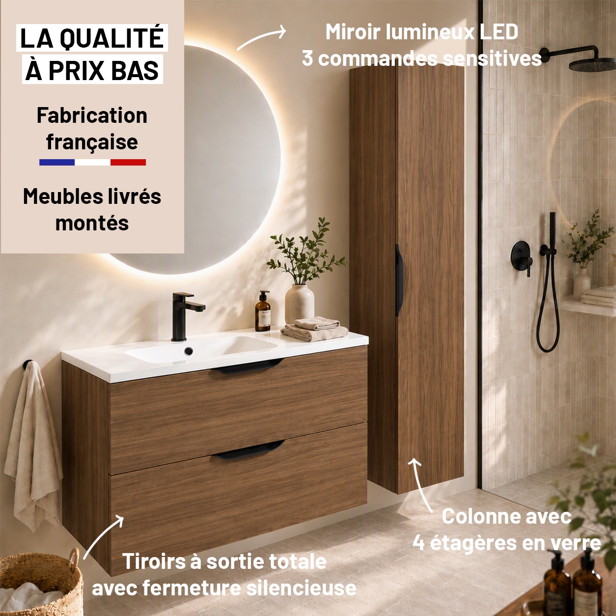 Meuble de salle de bain suspendu 100 cm 2 tiroirs avec vasque céramique - Noyer foncé - Avec colonne