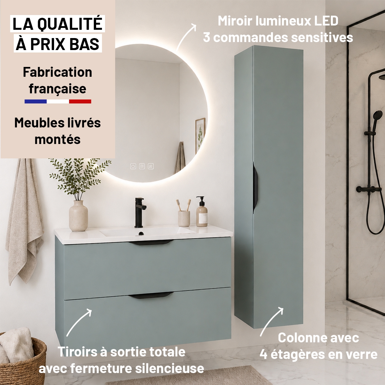 Meuble de salle de bain suspendu 90 cm 2 tiroirs avec vasque céramique - Vert Opale Mat