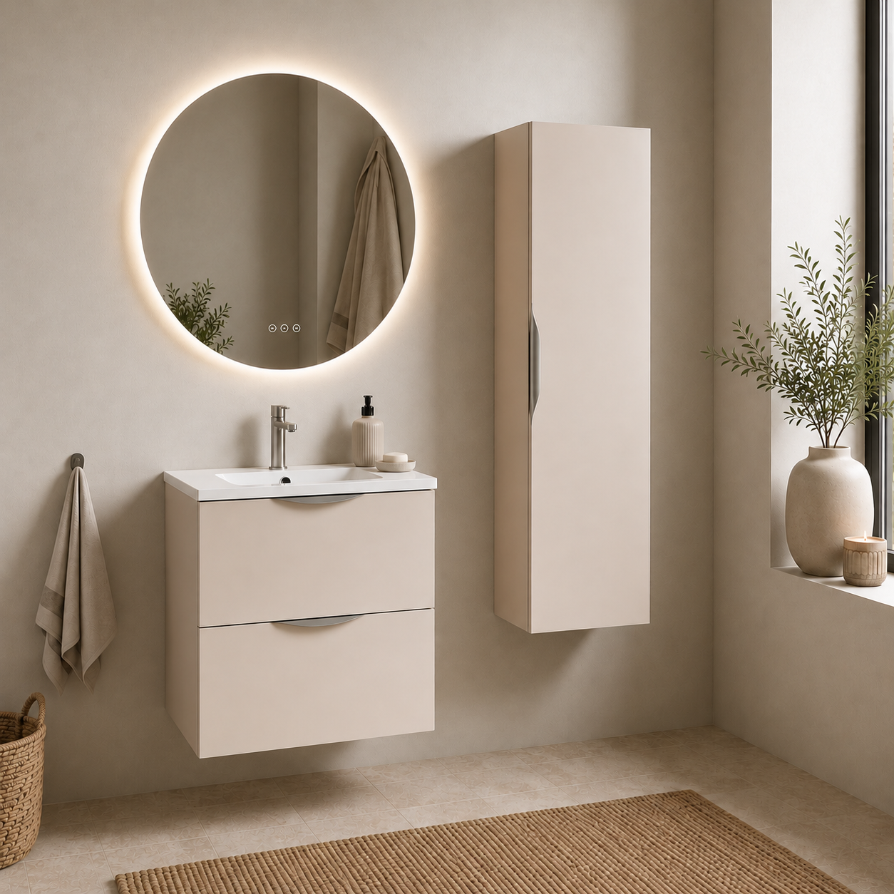 Meuble de salle de bain suspendu 60 cm 2 tiroirs avec vasque céramique - Lin Mat - Avec miroir