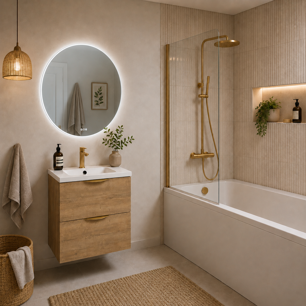 Meuble de salle de bain suspendu 60 cm 2 tiroirs avec vasque céramique - Chêne Structuré - Avec colonne et miroir