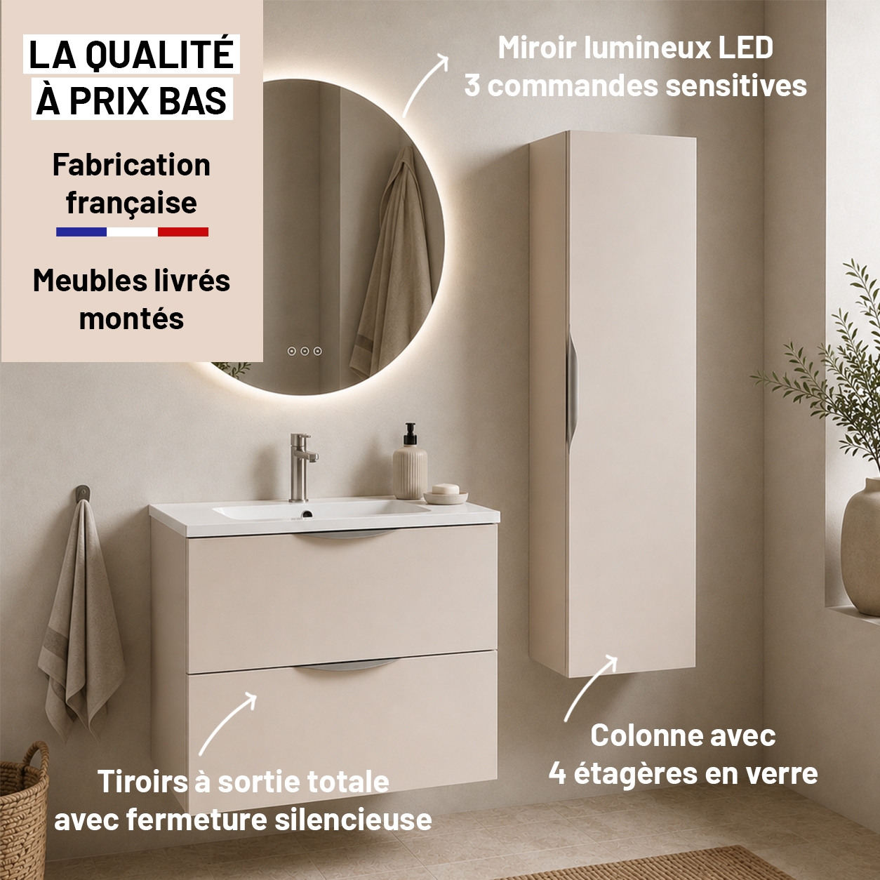 Meuble de salle de bain suspendu 80 cm 2 tiroirs avec vasque céramique - Lin Mat - Avec colonne
