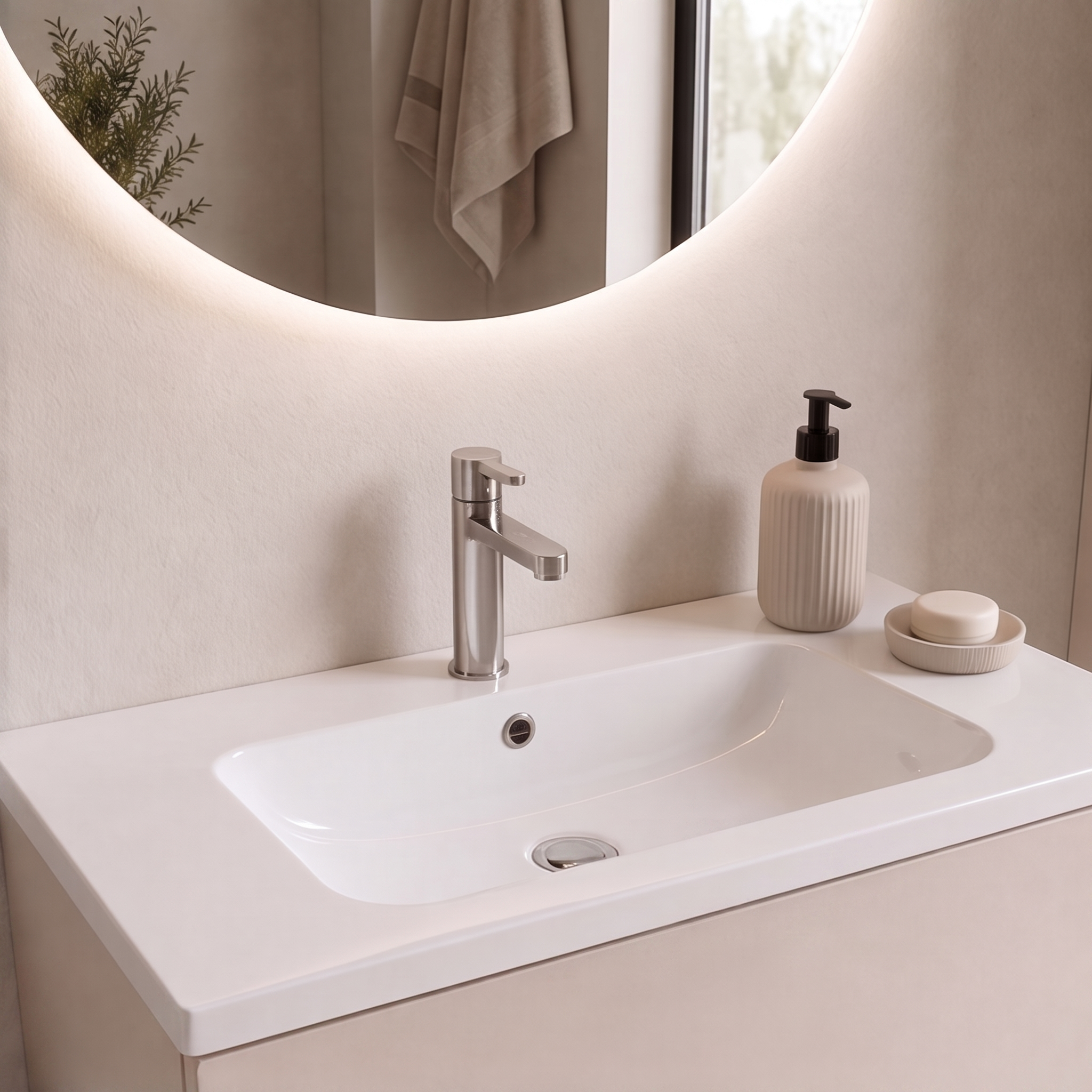 Meuble de salle de bain suspendu 60 cm 2 tiroirs avec vasque céramique - Lin Mat