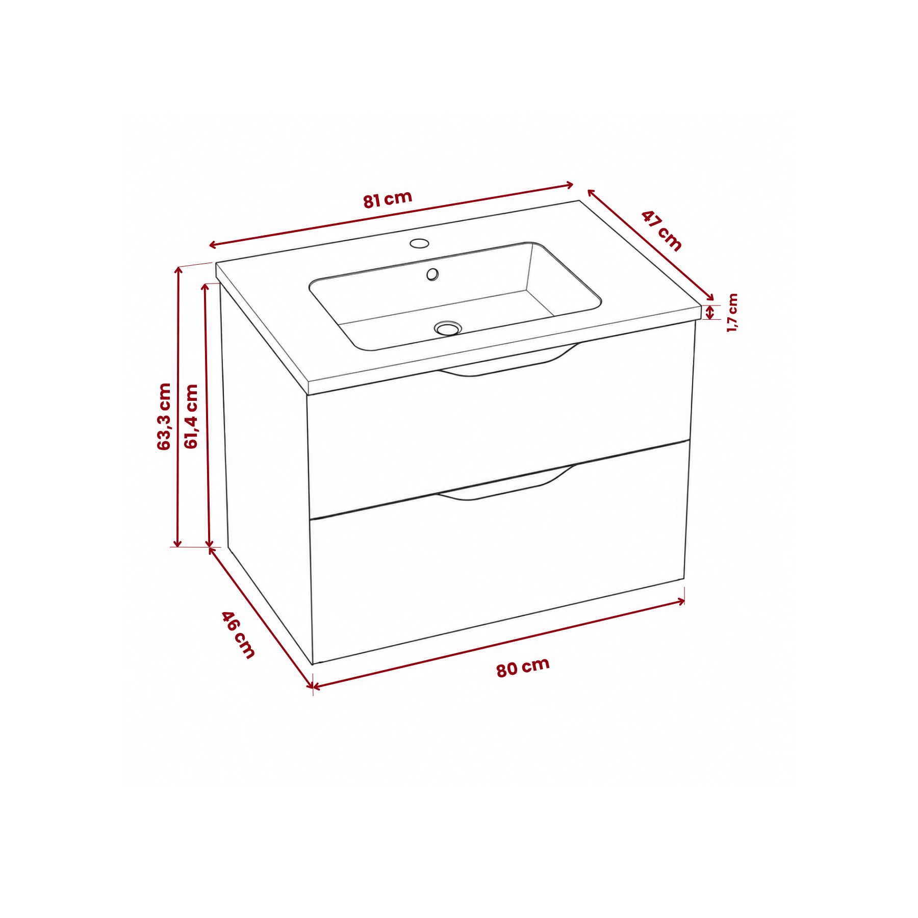 Meuble de salle de bain suspendu 80 cm 2 tiroirs avec vasque céramique - Chêne Structuré - Avec colonne et miroir