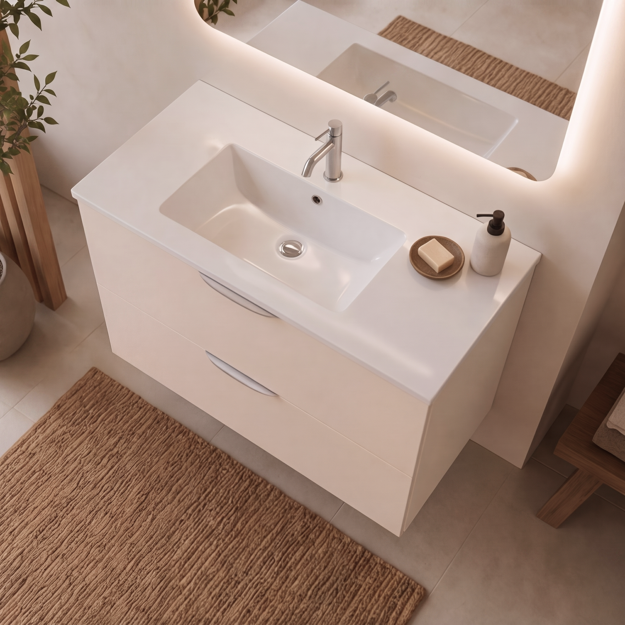 Meuble de salle de bain suspendu 100 cm 2 tiroirs avec vasque céramique - Lin Mat - Avec miroir