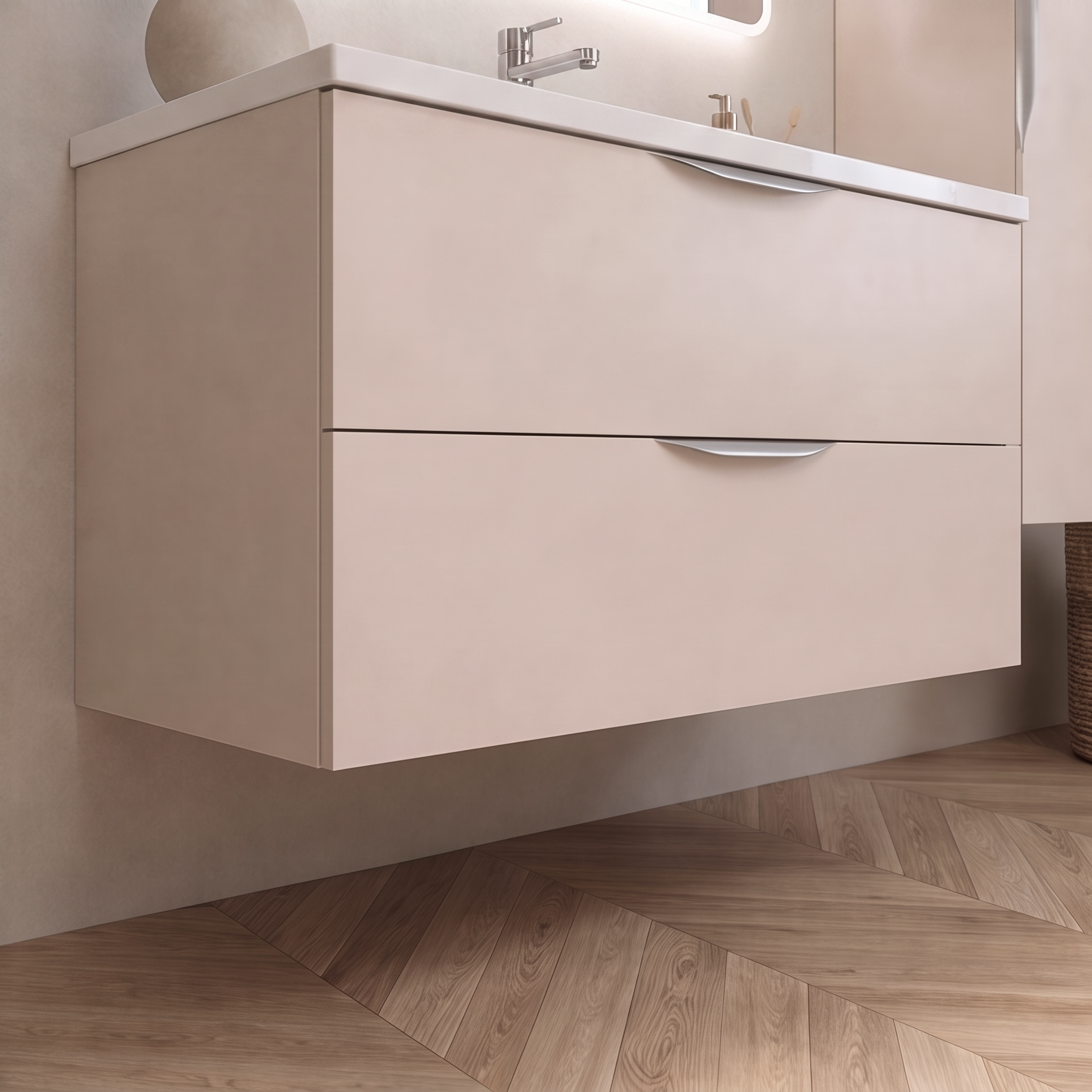 Meuble de salle de bain suspendu 90 cm 2 tiroirs avec vasque céramique - Lin Mat - Avec miroir