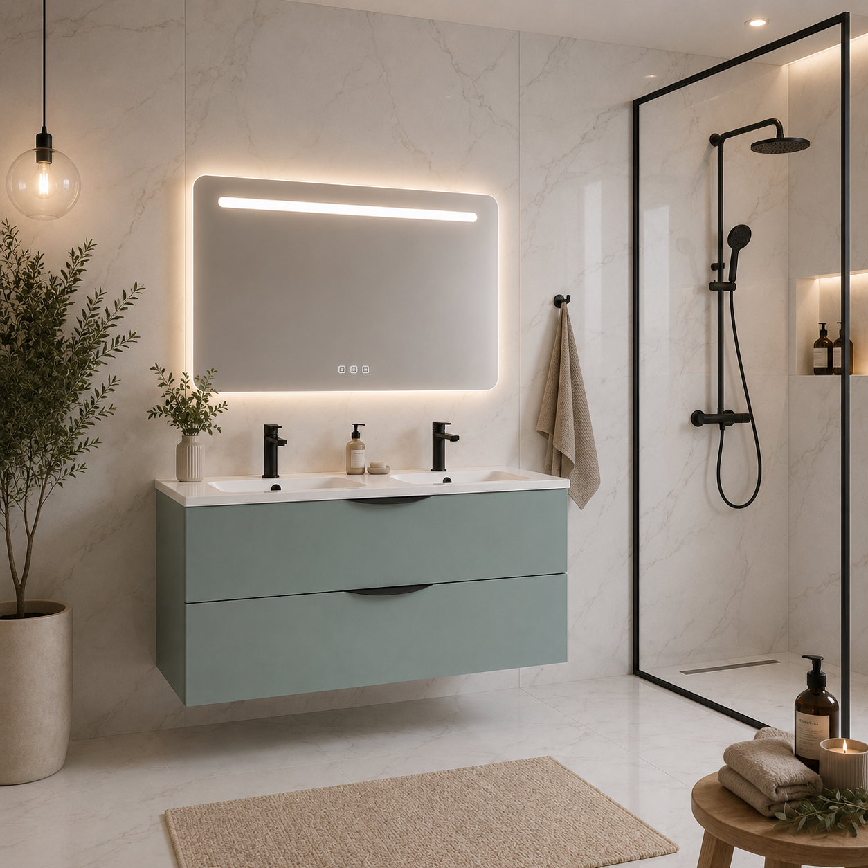 Meuble de salle de bain suspendu 120 cm 2 tiroirs avec vasque céramique - Vert Opale Mat - Avec miroir