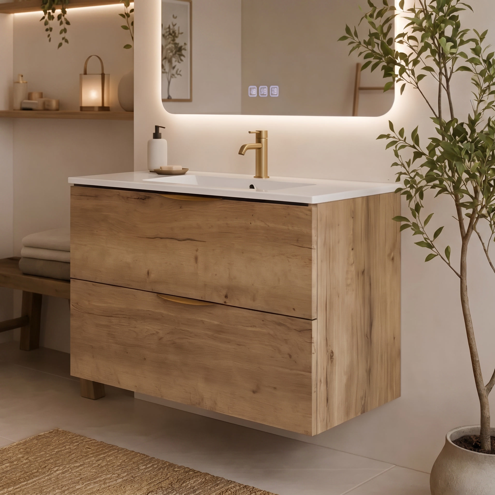 Meuble de salle de bain suspendu 100 cm 2 tiroirs avec vasque céramique - Chêne Structuré - Avec colonne