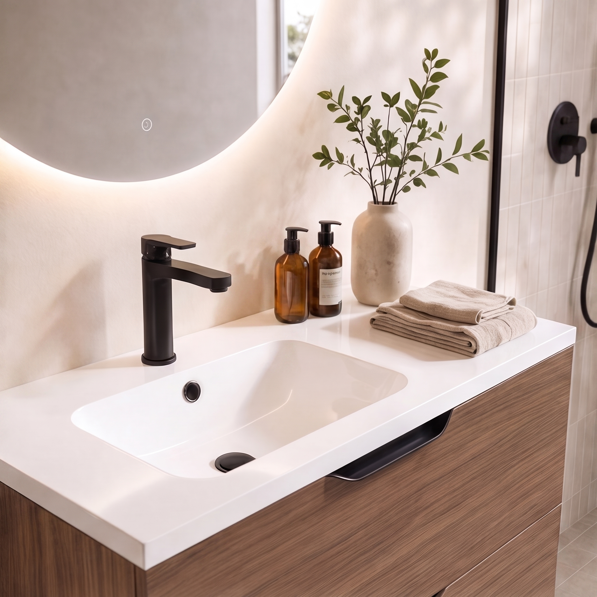 Meuble de salle de bain suspendu 100 cm 2 tiroirs avec vasque céramique - Noyer foncé