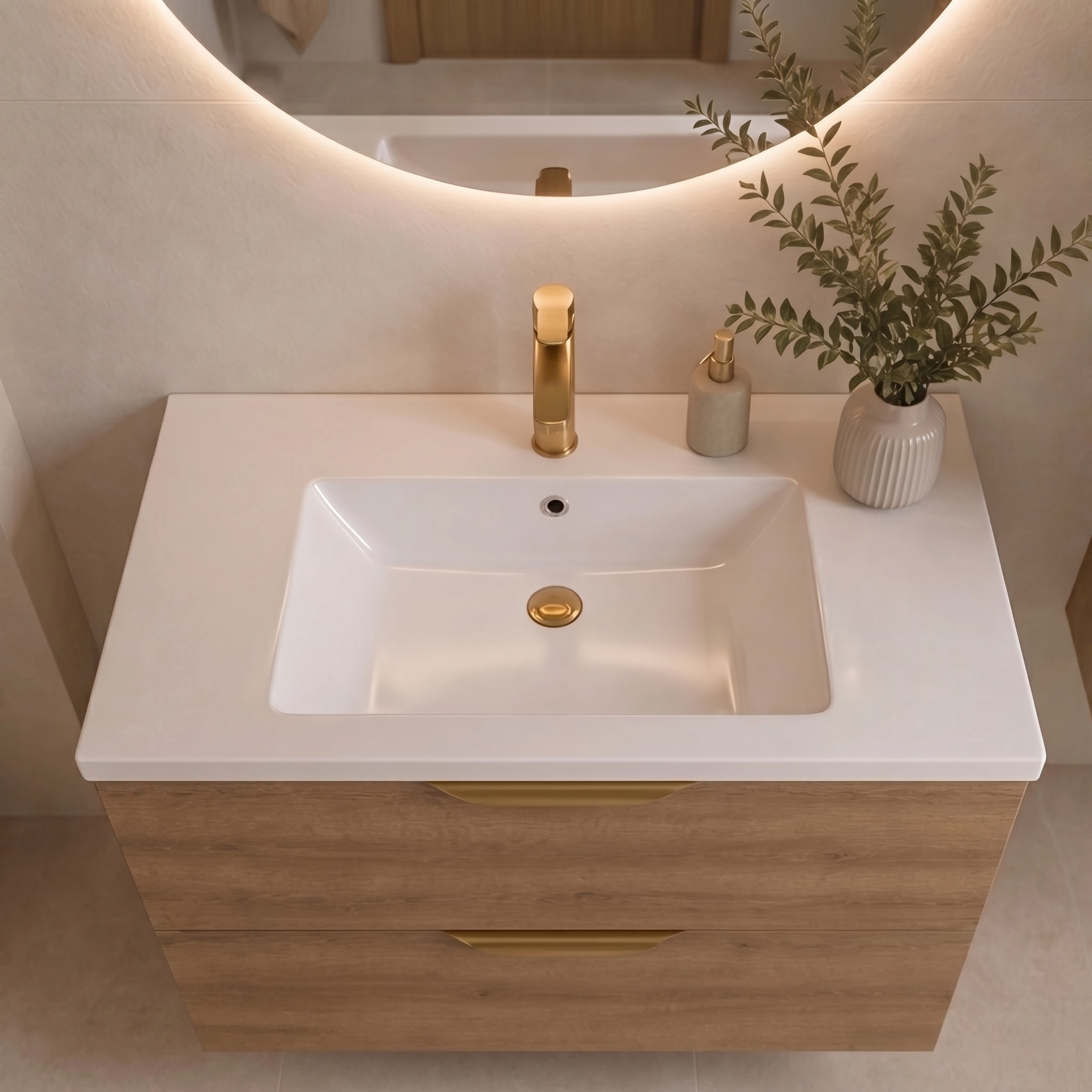 Meuble de salle de bain suspendu 80 cm 2 tiroirs avec vasque céramique - Chêne Structuré