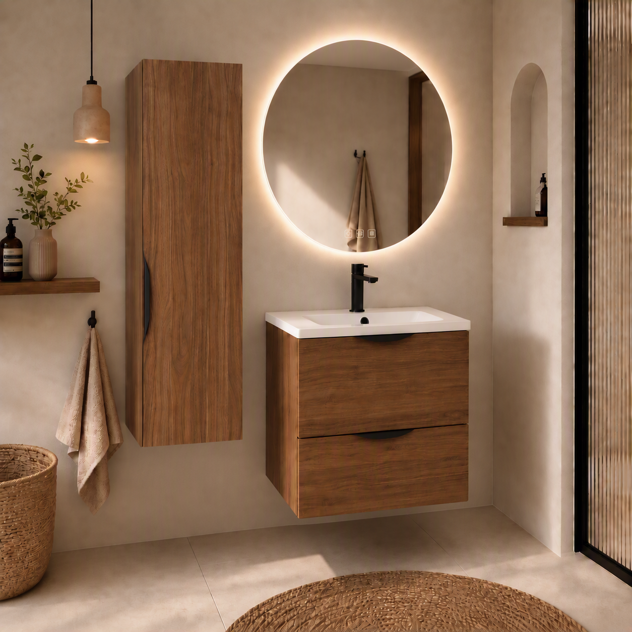 Meuble de salle de bain suspendu 60 cm 2 tiroirs avec vasque céramique - Noyer foncé - Avec miroir