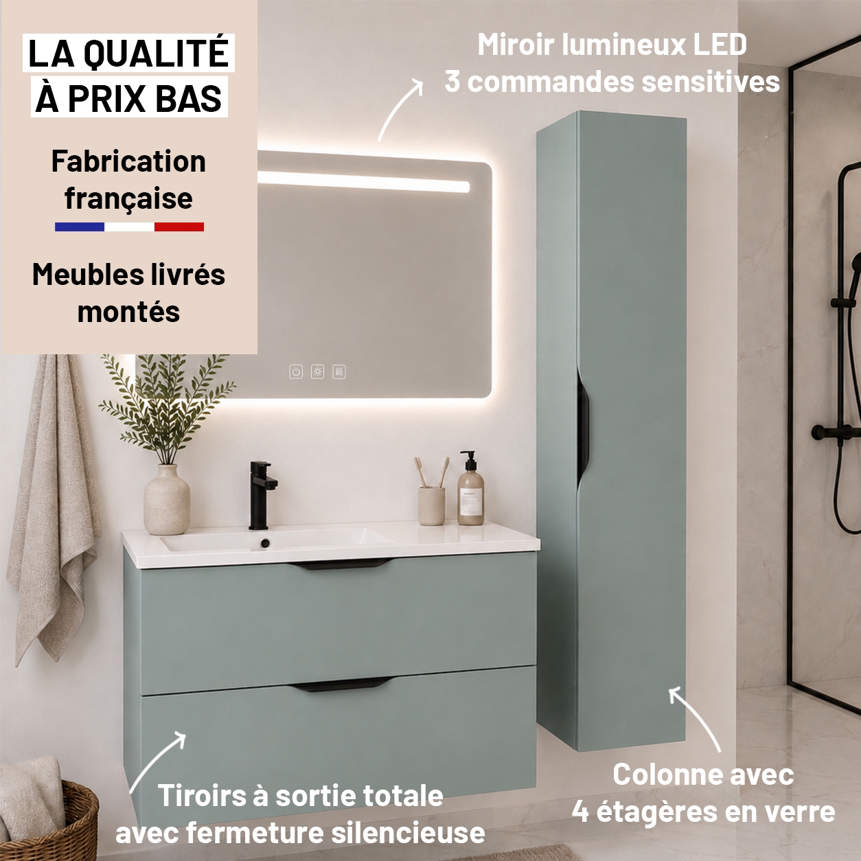 Meuble de salle de bain suspendu 100 cm 2 tiroirs avec vasque céramique - Vert Opale Mat
