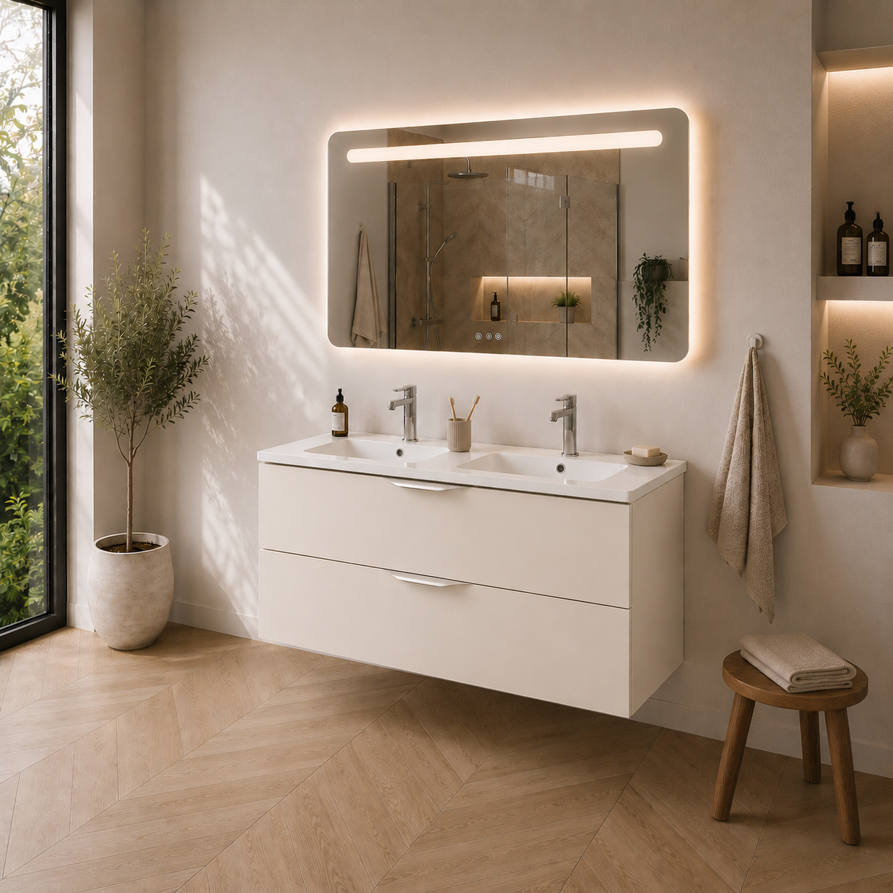 Meuble de salle de bain suspendu 120 cm 2 tiroirs avec vasque céramique - Lin Mat - Avec colonne et miroir